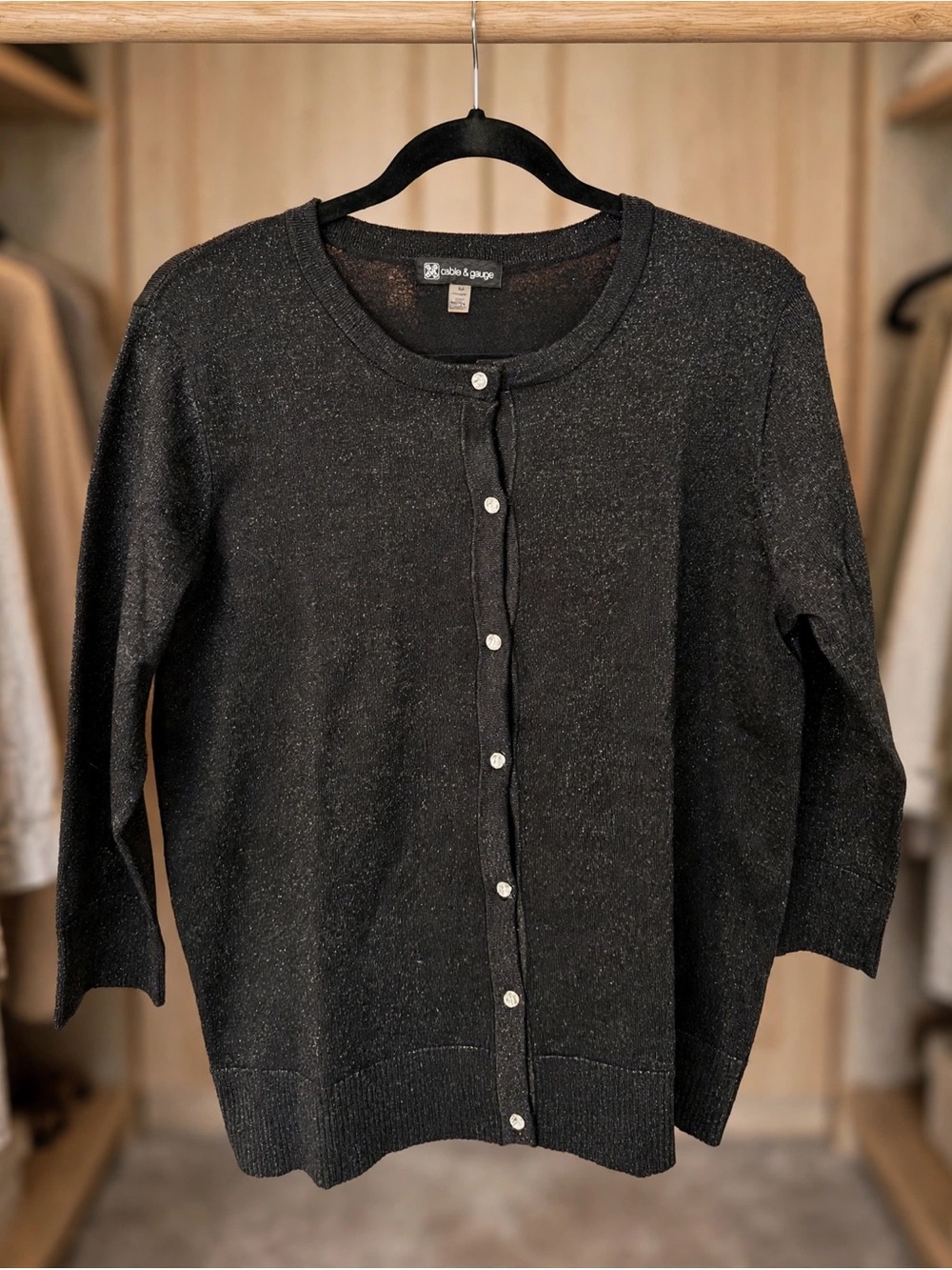Cable & Gauge Charcoal Cardigan 3/4 Sleeves Shimmer Knit Button Front Size L